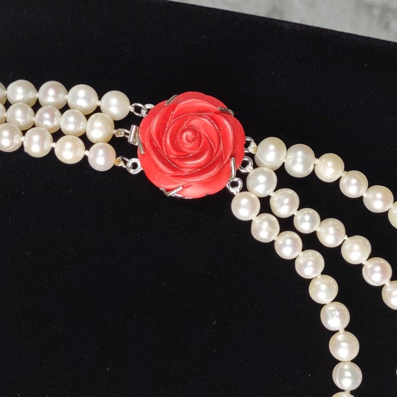 Multi Strand Pearl Necklace w/Coral Flower Clasp - Picture 2 of 8